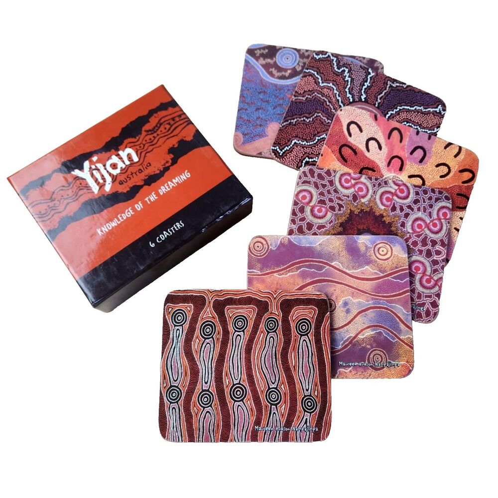 Yijan Aboriginal Art Australia Set of 6 Coasters Fire & Water Dreaming Folk Art